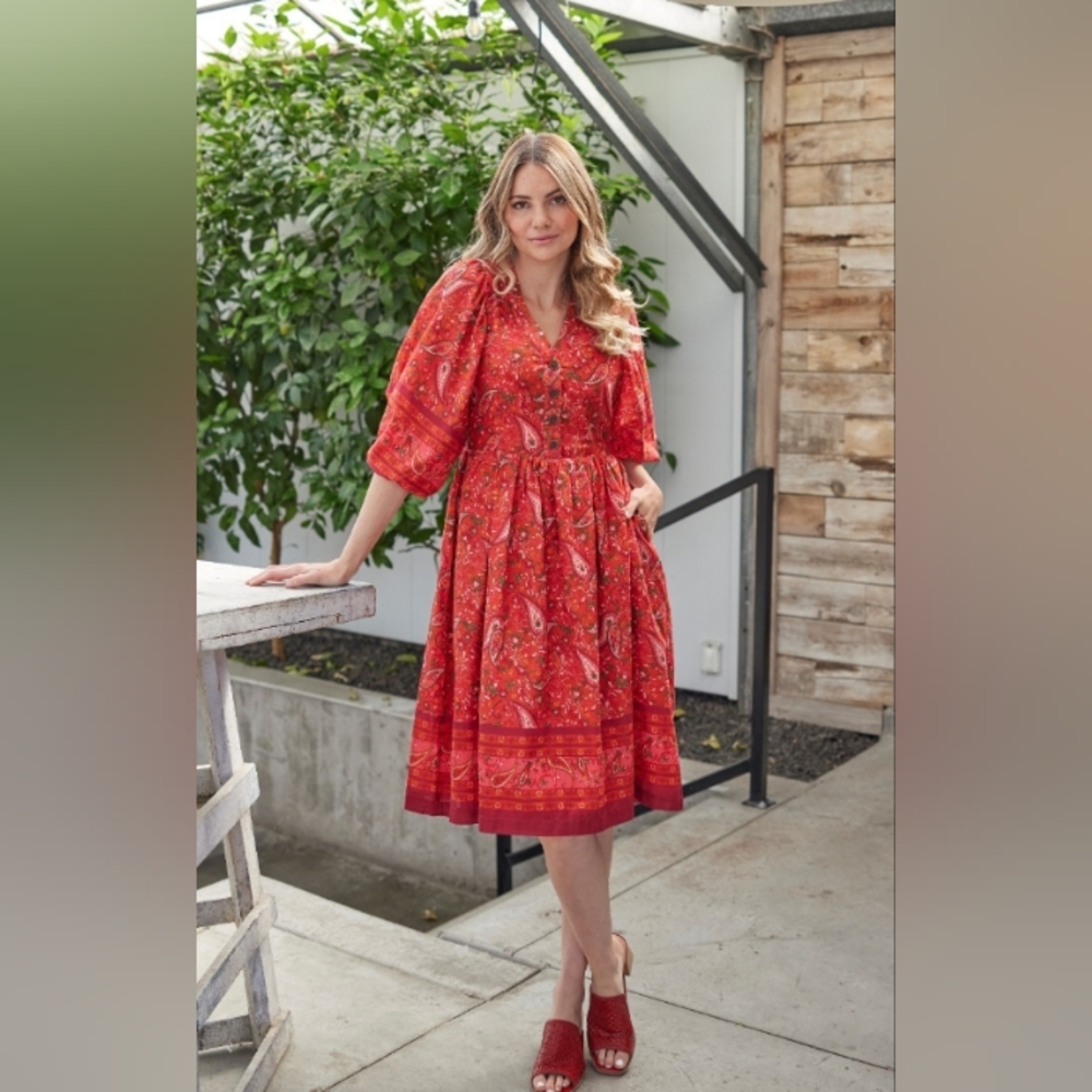 Downeast red paisley button dress puff sleeves